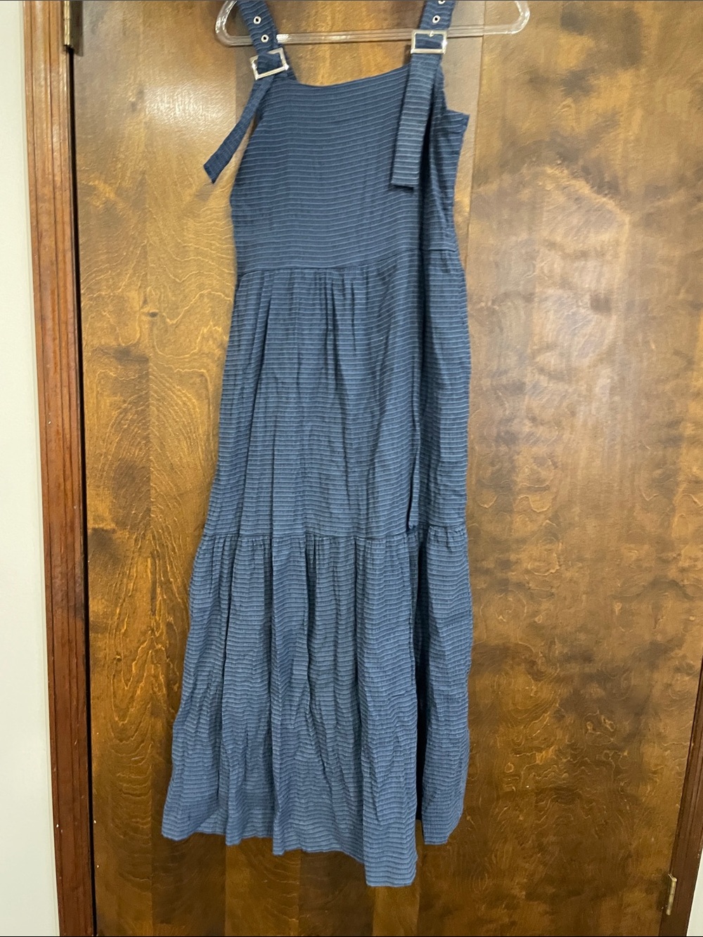 Striped Navy Tiered Maxi Dress with Buckle Straps